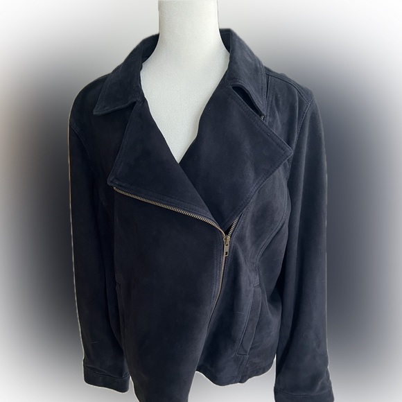 Eileen Fisher Navy Suede Moto Jacket - Picture 1 of 9